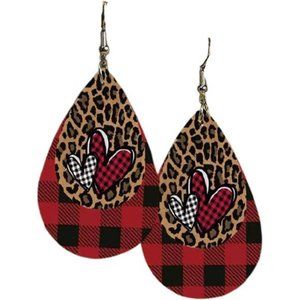 Heart Earrings Red Buffalo Plaid Leopard Dangle Drop Dangling Valentines Jewelry